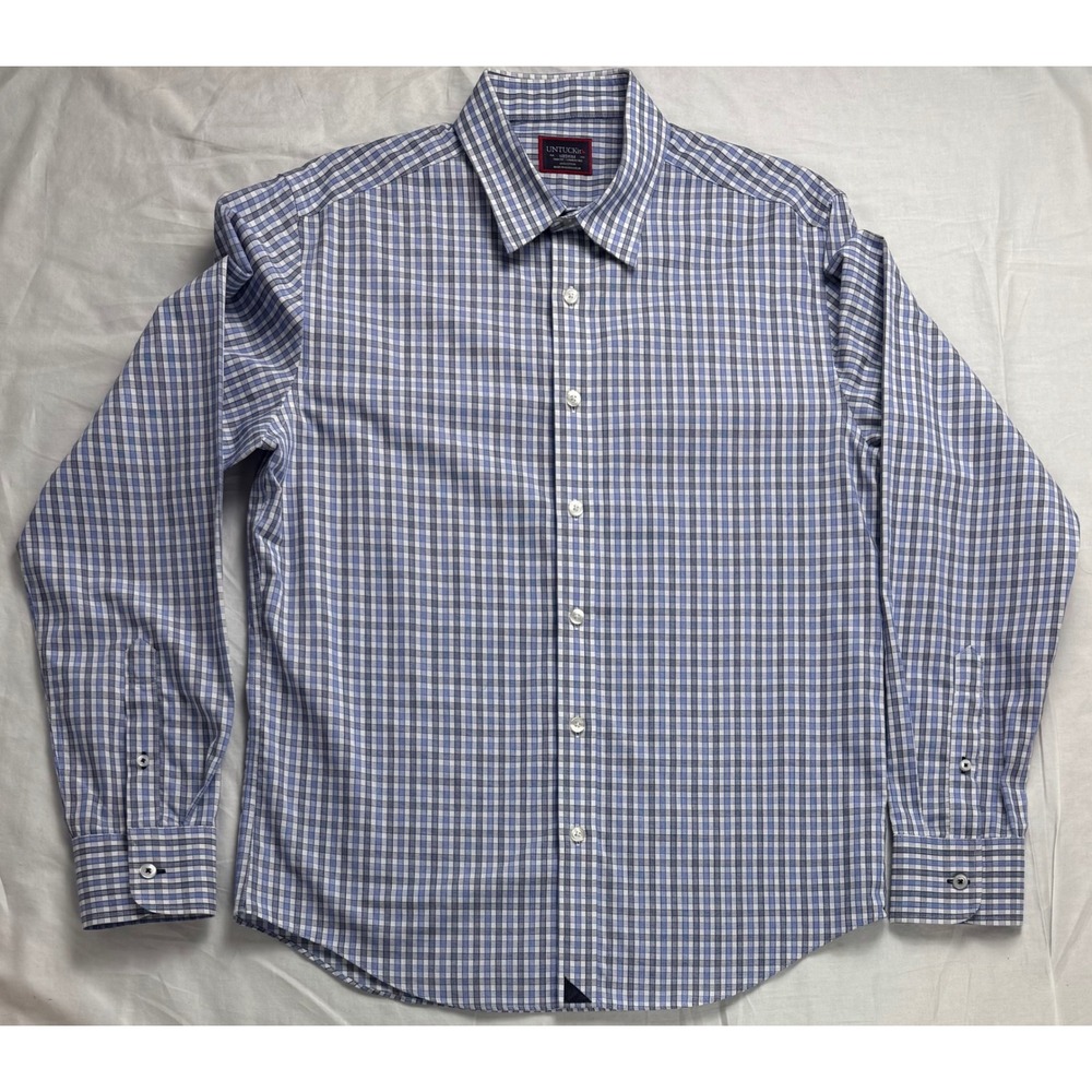 UNTUCKit Men's Medium Slim Fit Wrinkle Free Blue Checkered‎ Button Down Shirt